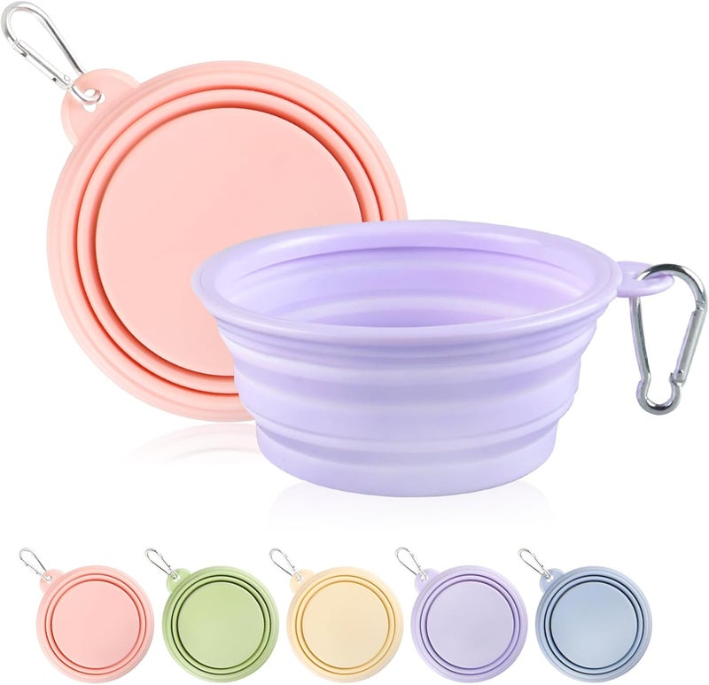 TECOPH Collapsible Dog Bowls 2-Pack, Portable Travel Dog Bowl with Carabiner, Food-Grade Silicone Pet Bowl for Hiking, Walking (Macaron Pink and Violet) - Image 1